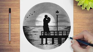 how to draw romantic couple on sea beach pencil circle drawing