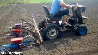 Self-made Triple-row Seeder. Corn sowing in 2018