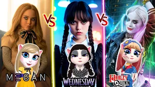 cosplay 💋 #wednesday Addams 🖤😈 Harley Quinn Margot 💙♥️ M3GAN Doll 💛♥️ #mytalkingangela2 #new😍