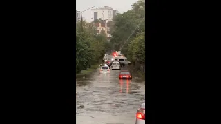 Затоплені авто після грози на вулиці П. Орлика у Чернівцях