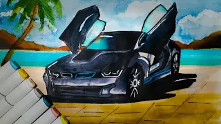 REALISTIC CAR DRAWING ll BMW I8 ll WITH BACKGROUND