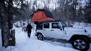 Solo Winter Camping in -10C in my Jeep Wrangler Rooftop Tent in the woods - First Time Ever