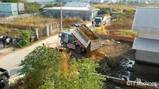 First Opening New Project Fill The Land In A Small Warehouse !! Dump Truck & Bulldozer Pushing Stone