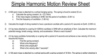 AP Physics 1 : Simple Harmonic Motion Review Problems