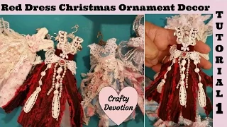 Diy 1, Red Dress tattered rag, Christmas ornament Kit. shabby Chic, fabric crafts. room decor