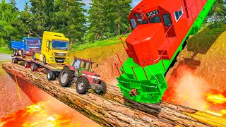 Flatbed Trailer Tractor Transporatation with Truck Rescue Bus - Long Cars vs SpeedBumps - BeamNG