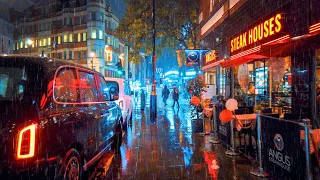 Rainy London Night Walk Ambience, West End City Streets Light Reflections