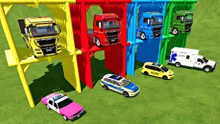 TRANSPORTING CHEVROLET & VOLKSWAGEN POLICE CARS, ADAC, FORD AMBULANCE CAR WITH MAN TRUCKS ! FS 22