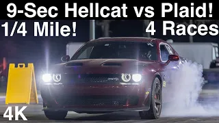 Tesla Plaid 1/4Mile vs 9-Sec Hellcat & Redeye on Drag Radials! Foxbody +250HP Nitrous! 4 Runs in 4K!