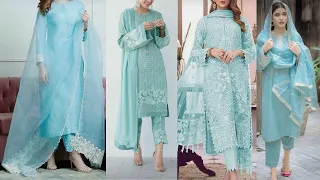 Beautiful ,latest ,trendy designer sky blue suit with  different trouser designs | Trousers design|