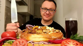 МУКБАНГ. ОБЖОР. ШАУРМА ДОМАШНЯЯ-ПОРВИ РОТ. С КУРИЦЕЙ, ГРИБАМИ, СЫРОМ. ФАСТФУД. АСМР. MUKBANG. ASMR.