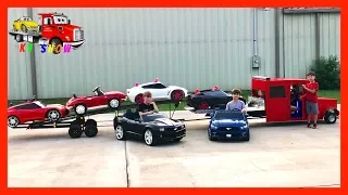 Kruz Loading and Hauling Powered Ride on Cars with His Cousins