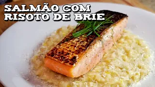 Salmão grelhado com risoto de alho poró com brie