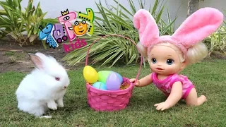 My Baby Alive doll Sara and Ana gathering Eastern Eggs with real Bunnies!!! Bananakids