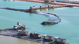 EP1417, Incredible SHANTUI Push Rock And Sand In lake with SHACMAN Transporting Rock