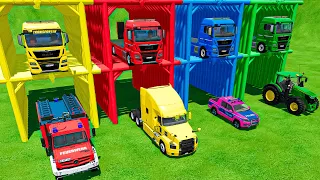 TRANSPORTING FIRE TRUCK , COLOR MACK TRUCK , POLICE CAR , JOHN DEERE TRACTOR WITH MAN TRUCKS ! FS 22