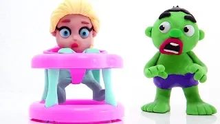 DibusYmas Baby Elsa walker out of control  💕 Superhero Play Doh Stop motion videos for children