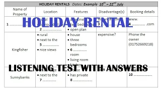 Holiday Rentals (IELTS Listening Test with answers)