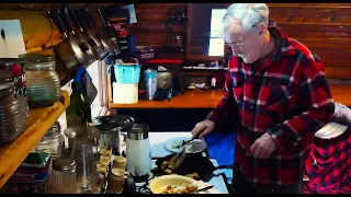 Pancakes and Walleye, a Fav Breakfast-Martin's Old Off Grid Log Cabin#261