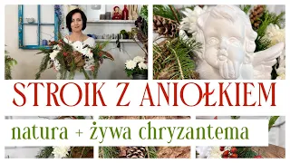 STROIK Z ŻYWĄ CHRYZANTEMĄ I ANIOŁKIEM / DEKORACJA NA POMNIK / NAGROBEK