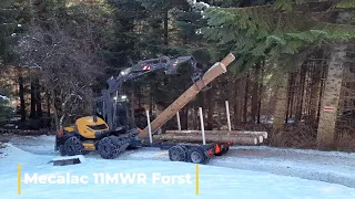 Rundholz-Transport mit dem Mecalac Mobilbagger 11MWR und Rückewagen/Rückeanhänger