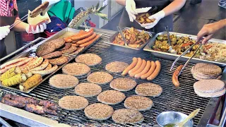 Italy Street Food. Grills with Large Burgers, Sausages, Asado and more Food