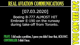 (Real ATC) Boeing B777 ALMOST HIT Embraer E190 on the runway during take-off from Toronto.