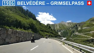 Driving in Switzerland. Scenic road in Swiss Alps. Belvédère - Gletsch - Grimselpass. 4K