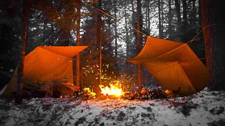 Tarp Camping in the Snow - Double Lean-To Tarp Setup with a Fire in Between - Pulling Sleds to Camp.