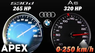 2019 BMW 530d 265 HP vs. 2015 Audi A6 BiTDI 320 HP - Acceleration Sound 0-100, 0-250 km/h | APEX