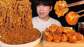 SUB) Korean spicy jjajang ramyun & supreme seasoned chicken & cheese ball mukbang asmr