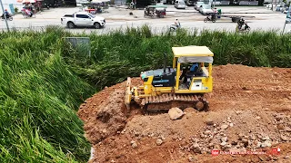 Best Activity Shows Landfill Process Of Bulldozer Push Soils Into Grass & Dump Trucks Unloading Soil