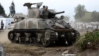 M4A1 Sherman Tank in action (radial engine sound) - Haillicourt 2019