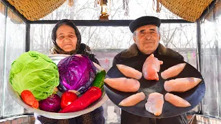 Best Fried CHICKEN BREAST and VEGETABLE SALAD Prepared in the Village House, Azerbaijan Village Life