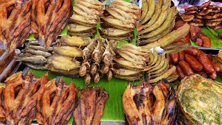 Amazing! plenty of food, fish evegatables meat, Cambodian wet market morning scenes