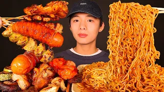 ASMR SPICY NOODLES + LOCAL SKEWERS , SAUSAGE, CHICKEN, PORK, BEEF (Eating Sound) | MAR ASMR