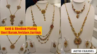 Gold Rhodium Plating Short Haram, Necklace and Earrings Collection with weight /Saravana store Elite