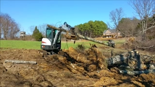 Bobcat E35i pushing big stump & lifting logs