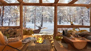 Cozy Terrace Winter Ambience and Deer, Snowfall Mountain & Snow Falling Winter Days