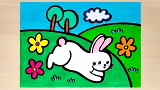 Easy drawing for Kids-Drawing and Coloring a Bunny Rabbit Cute Animals Spring & Easter Coloring Page