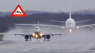 Storm Lolita at Duesseldorf Airport 2020 with amazing wet takeoff in front of Emirates A380