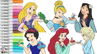 Disney Princess Coloring Book Compilation with Animal Friends Mulan Ariel Rapunzel Elsa Cinderella