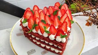 Торт " СЕРДЦЕ " на 14 февраля с ягодной прослойкой и клубникой на  день святого Валентина