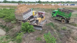 Full Project Nice Action Clearing Lake and Landfill ,Bulldozer Pushing Soil &5 Ton Truck Unloading