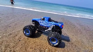 Monster Trucks on a Beach - Jumping on Waves - Pretend Play, Grave Digger & Blue Thunder Monster Jam