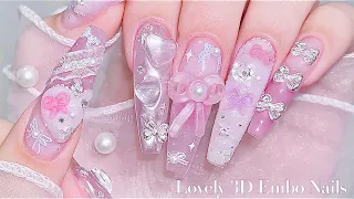 sub) Lovely Ribbon 3D Nails🎀💗/🇰🇷Korean Nails / Extension nails / Nail art / Self-nails / ASMR