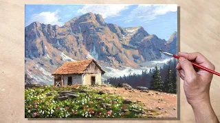 Acrylic Painting Old House in the Mountain Landscape