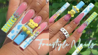 BLUE & YELLOW FREESTYLE NAILS 💙💛 | FULL ACRYLIC NAIL TUTORIAL ✨