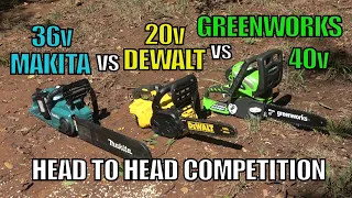Battery Powered Chainsaw Competition Cutting Head to Head - Dewalt vs Greenworks vs Makita #chainsaw