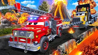 Fire Truck in Action to Rescue Big Transport Truck Stuck in Lava | Volcano | Transformer Fire Truck
